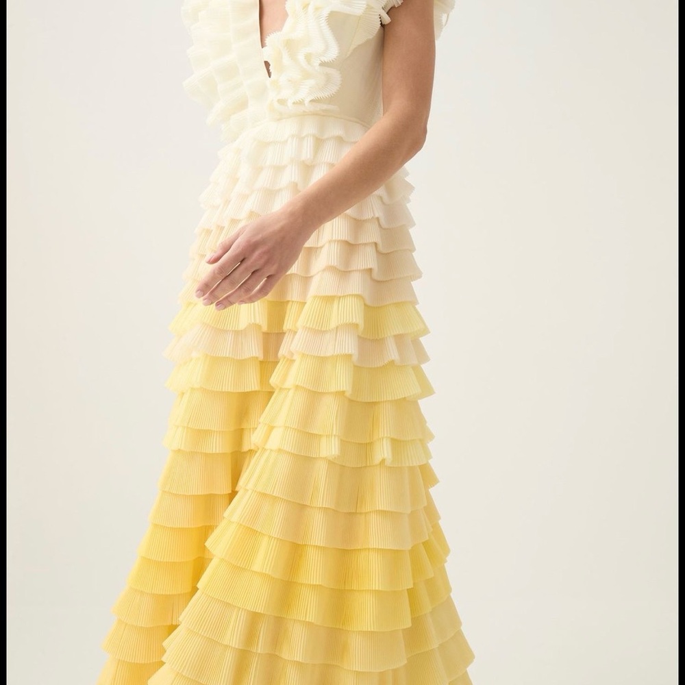 Aje Reflections Ombré Gown -Pleated Ruffle Tiered Dress in Cream and Yellow MOB - Picture 8 of 14